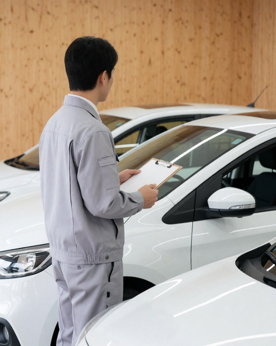 A driving school instructor in a gray uniform checks a white car while holding a clipboard against a wooden wall background.