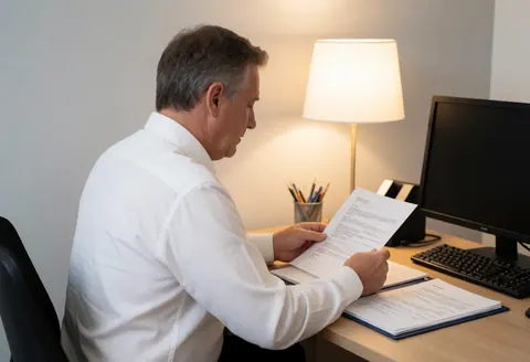 Professional insurance agent reviewing paperwork at a desk with a computer and pens in a warm lit office setting