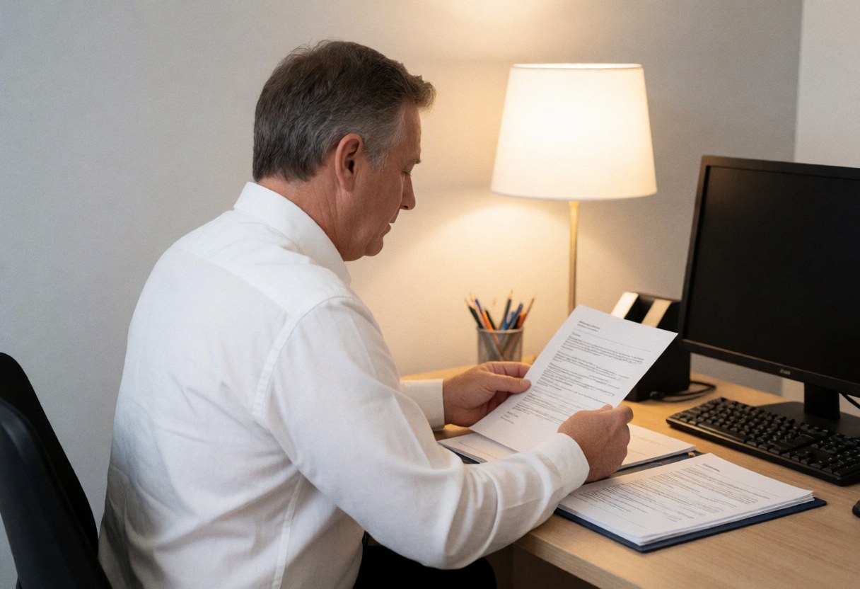 Professional insurance agent reviewing paperwork at a desk with a computer and pens in a warm lit office setting