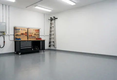 Empty electrician workshop with organized tools on the wall, a ladder, and an epoxy floor, ideal for professional electrical work.