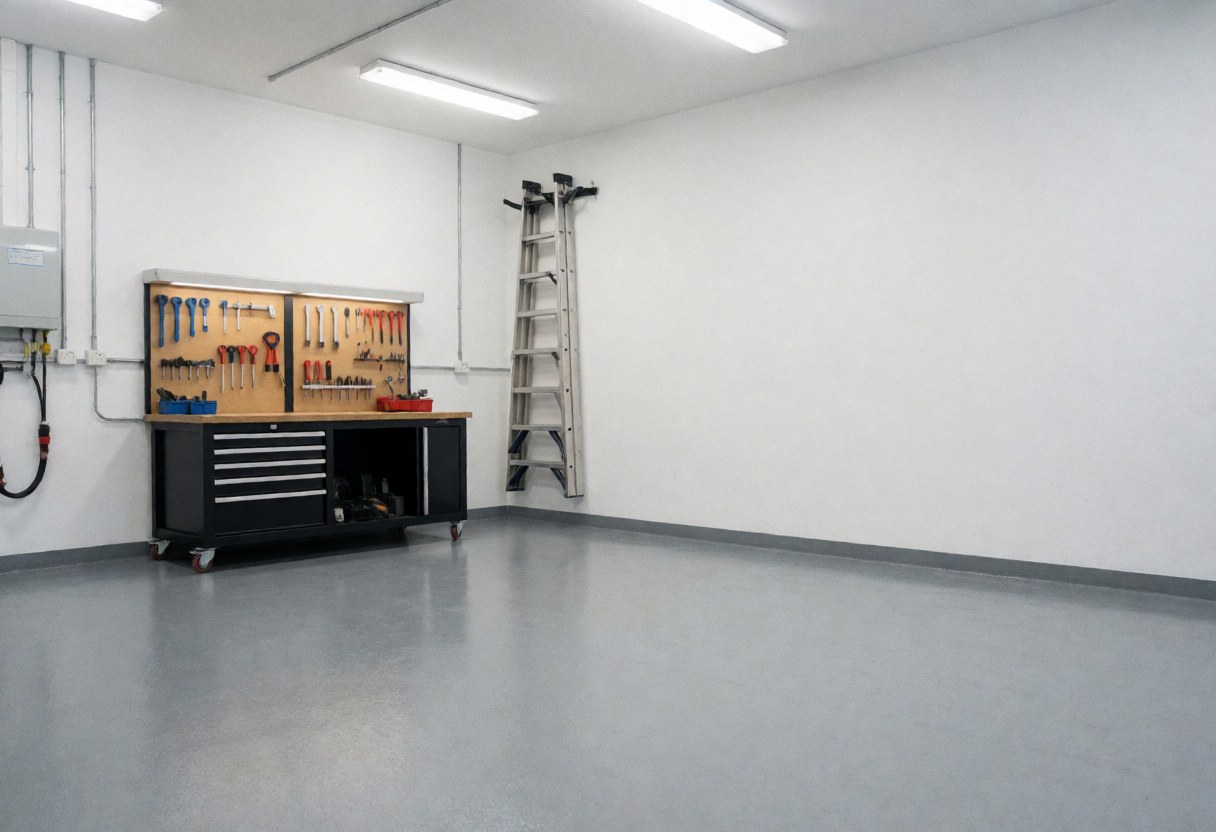 Empty electrician workshop with organized tools on the wall, a ladder, and an epoxy floor, ideal for professional electrical work.