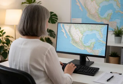 Travel agent working at desk with mexico map on computer screen in office with plants and warm light