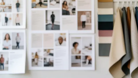 Neutral toned office wall featuring hanging mood boards and fabric samples, providing an elegant background for event and wedding planning text overlays.