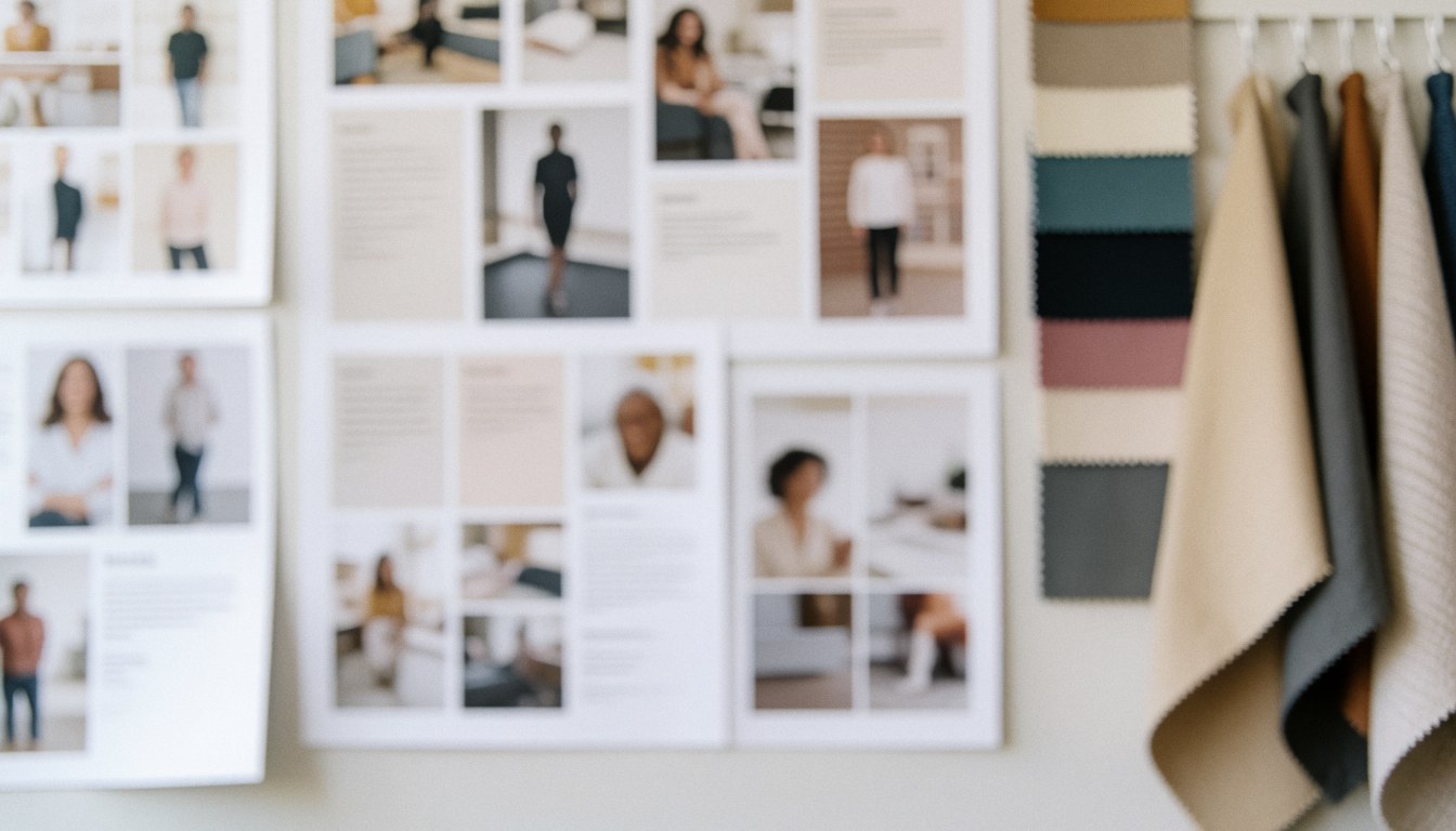 Neutral toned office wall featuring hanging mood boards and fabric samples, providing an elegant background for event and wedding planning text overlays.