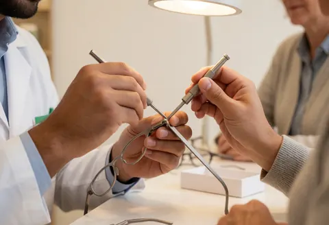 An optician uses a precision tool to adjust eyeglasses on a store counter with warm lighting and a blurred background.