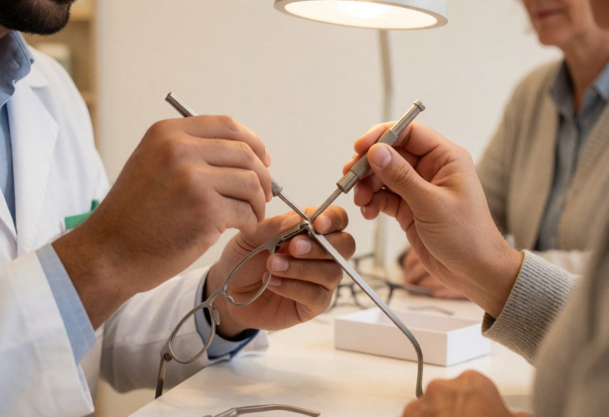 An optician uses a precision tool to adjust eyeglasses on a store counter with warm lighting and a blurred background.