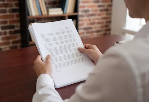 Young lawyer reviewing a legal contract on a wooden desk with brick wall and natural light