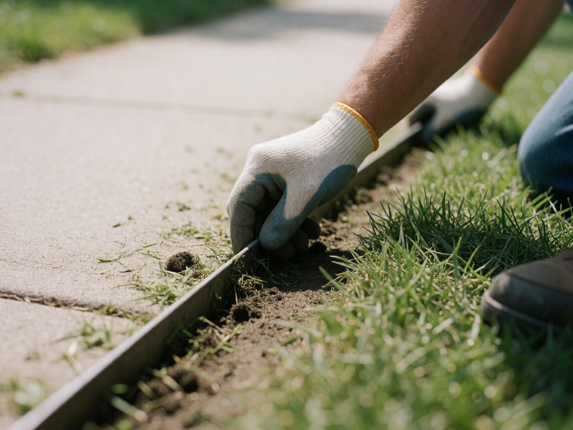 A gloved hand using an edger to cut grass along a concrete sidewalk, showing professional landscaping work and a clean line between the lawn and pavement.