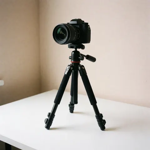 Professional camera mounted on a black tripod placed on a white table with a beige wall background, ideal for real estate product photography