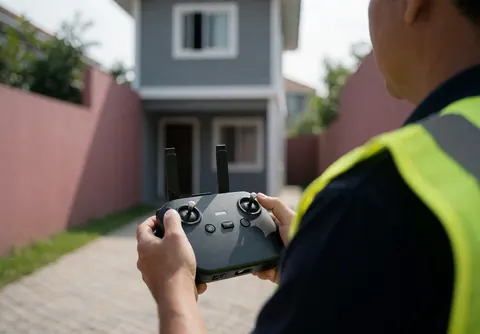 Back view of a field inspector wearing a yellow safety vest while operating a drone controller in front of a modern house in a natural setting.