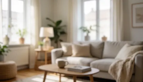 Warm neutral living room background featuring a sofa, table, plants, and natural light, ideal for insurance text overlays