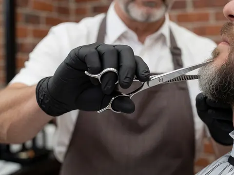 Close-up of a barber wearing black gloves using scissors to trim a client's gray beard against a brick wall background