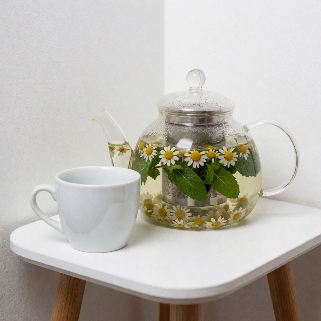 Glass teapot with chamomile and mint tea on white table and wall, creating a relaxing spa atmosphere