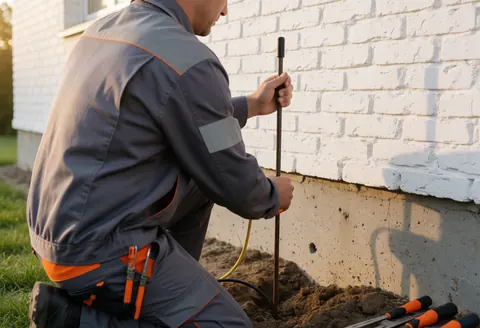 Professional electrician installing a grounding electrode near a residential brick wall, with tools and warm sunset light.