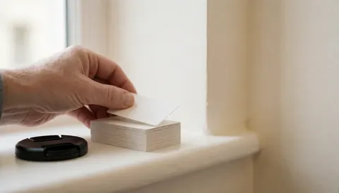 A hand placing a business card on a glass window with natural light and space for text in a professional setting