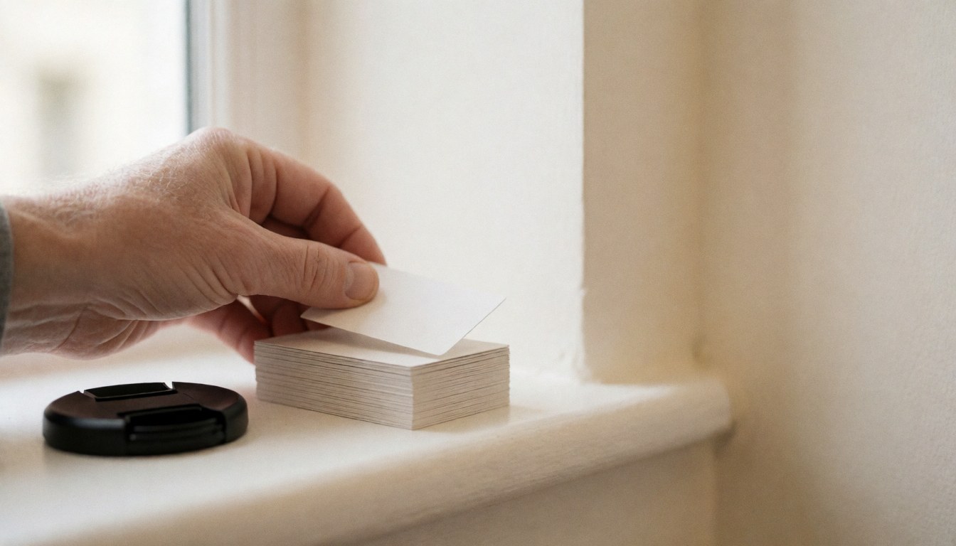 A hand placing a business card on a glass window with natural light and space for text in a professional setting