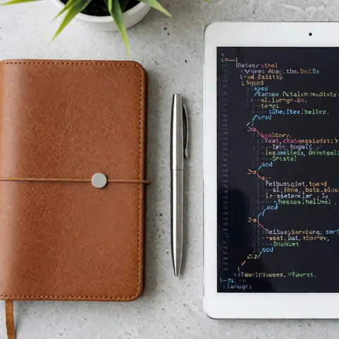 A clean concrete desk featuring a notebook, pen, tablet, and code documents for legal business services