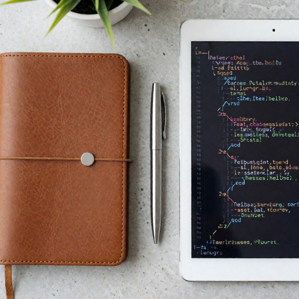 A clean concrete desk featuring a notebook, pen, tablet, and code documents for legal business services
