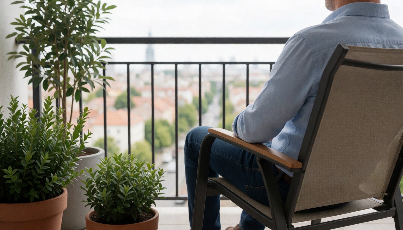 A serene outdoor terrace featuring wooden flooring, potted plants, and a chair overlooking a city skyline under a blue sky with clouds