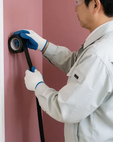 Close-up of an electrician's hands holding electrical tape and tools while wearing protective gloves and safety glasses against a pink wall