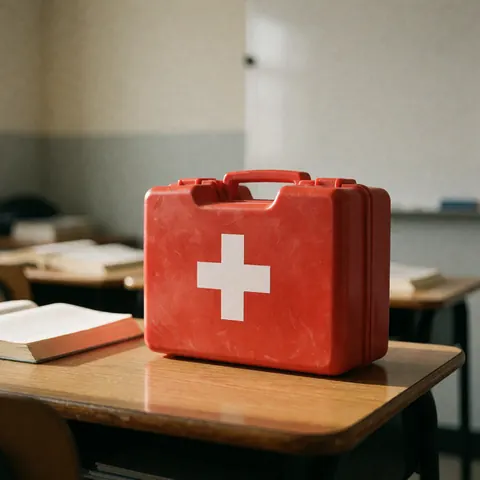 A red first aid kit with a white cross sits on a wooden table in a classroom setting, surrounded by books and a blackboard, emphasizing safety for driving school students.