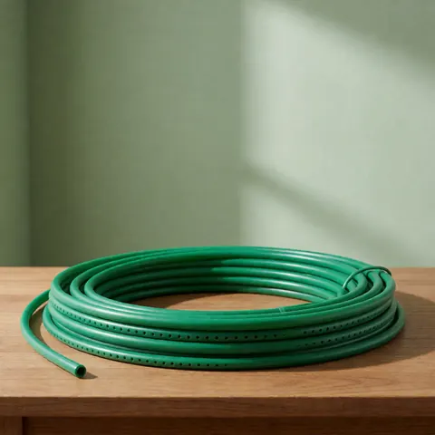 Close-up of a green plastic drip irrigation tube with emitters attached, set against a natural wooden background with soft lighting.