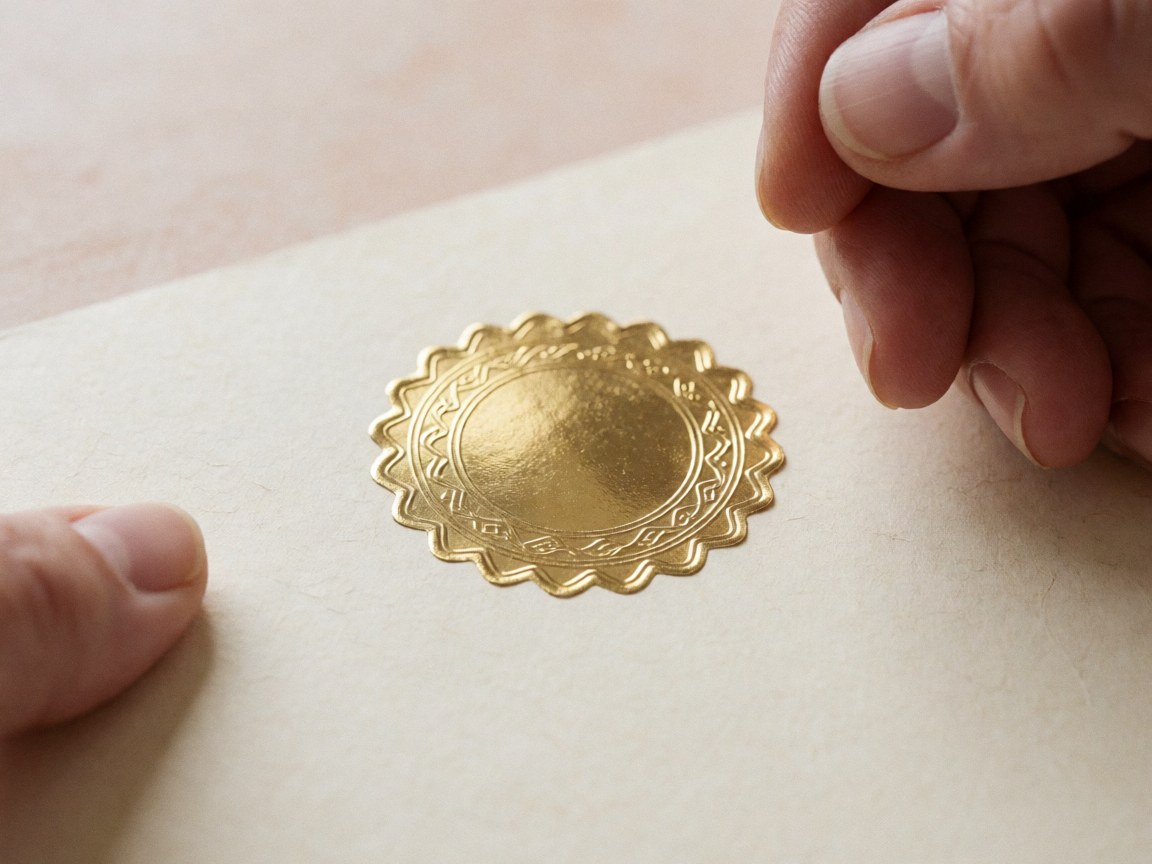 Hands placing a golden seal on a textured cream paper certificate against a soft beige background