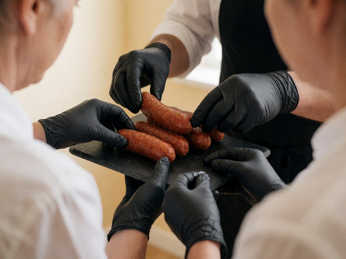 Hands in black gloves arranging grilled chorizo sausages on a dark stone tray for professional event catering preparation