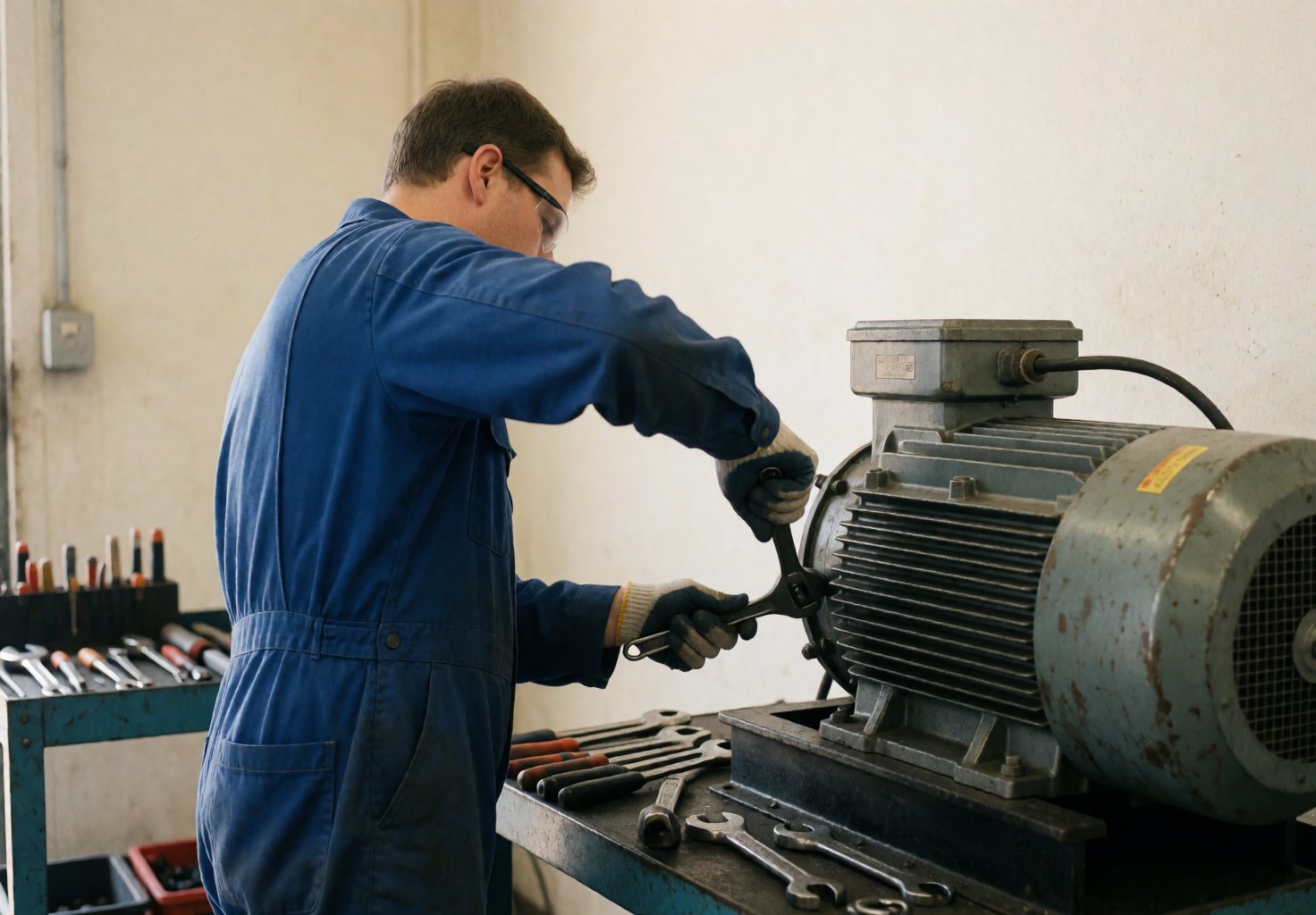 Technician in blue uniform uses a wrench to adjust an industrial motor, with tools on a table and light walls in the background.