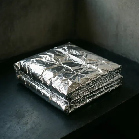 A silver emergency thermal blanket used for warmth and protection in rescue situations