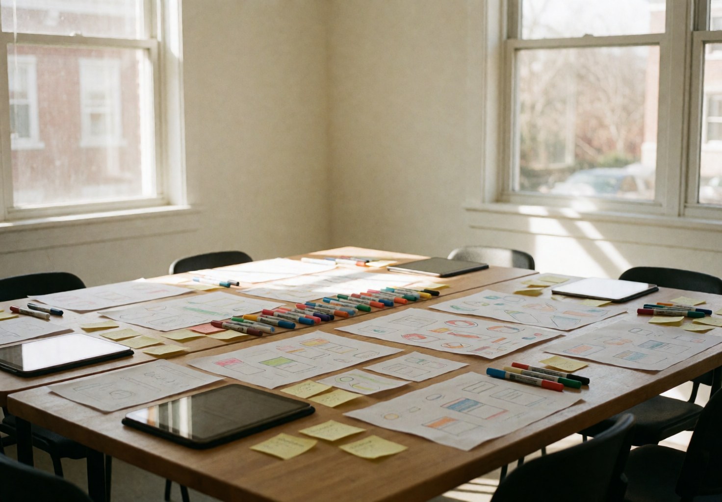 Wooden design table featuring sketches, markers, iPads, and sticky notes in a sunlit room ideal for startup teams and creative planning
