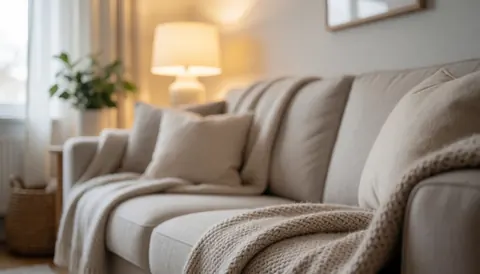A soft focus image of a comfortable living room interior featuring a sofa, blankets, and warm natural light, ideal as a background for online course materials.
