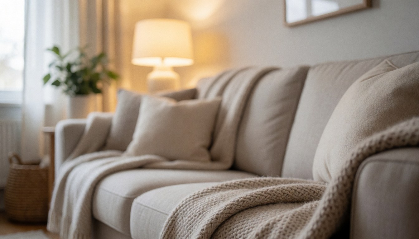 A soft focus image of a comfortable living room interior featuring a sofa, blankets, and warm natural light, ideal as a background for online course materials.