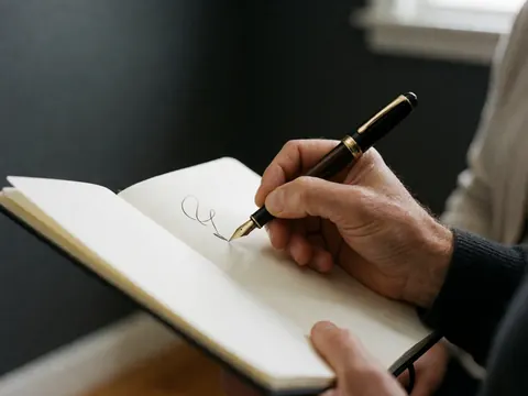 Adult hand writing with ink pen on white paper notebook, dark gray background, natural lighting, professional and detailed scene