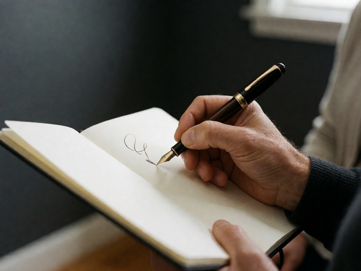 Adult hand writing with ink pen on white paper notebook, dark gray background, natural lighting, professional and detailed scene