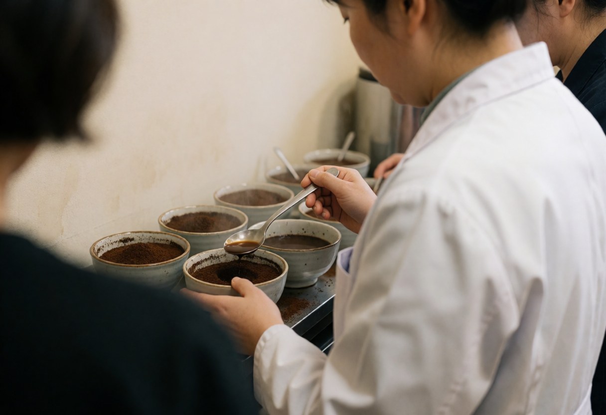 A professional coffee cupping session featuring ceramic bowls, spoons, and steam rising from freshly brewed coffee samples in a laboratory setting