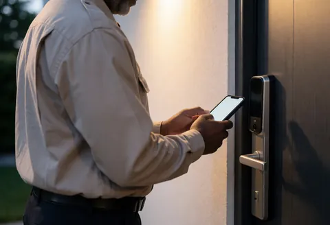 A person uses a smartphone app to remotely lock a smart door, ensuring home security and safety at night.