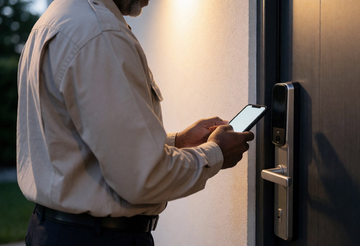A person uses a smartphone app to remotely lock a smart door, ensuring home security and safety at night.