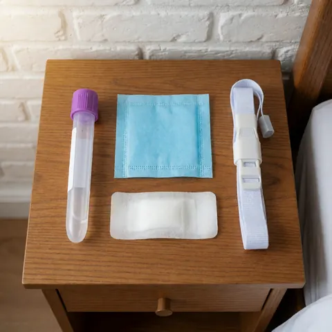 Close-up of a home collection kit containing vacuum blood tubes and medical supplies for clinical diagnostics