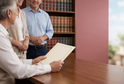 An older teacher hands a diploma to a student in a language academy with bookshelves and a pink wall in the background.