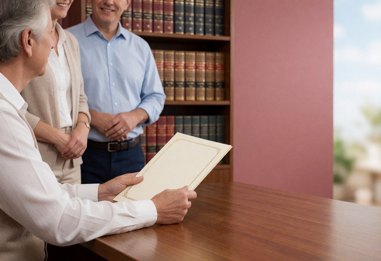 An older teacher hands a diploma to a student in a language academy with bookshelves and a pink wall in the background.