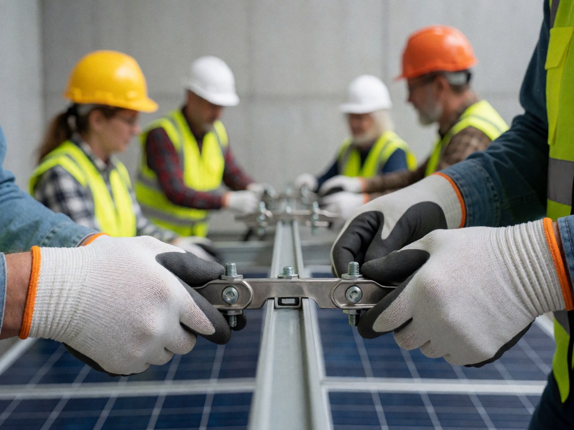 Gloved hands tightening a metal support bracket for a solar panel installation with blurred workers in the background