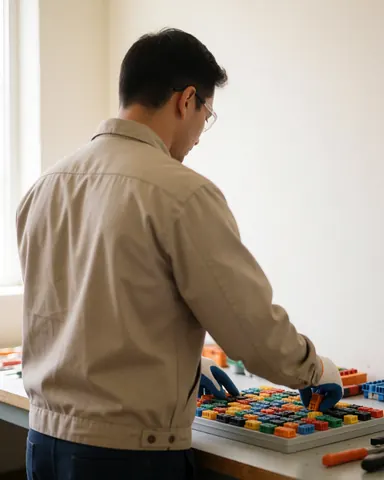 Electrician wearing safety gloves and glasses organizing wire connectors in a bright, clean workshop with white walls