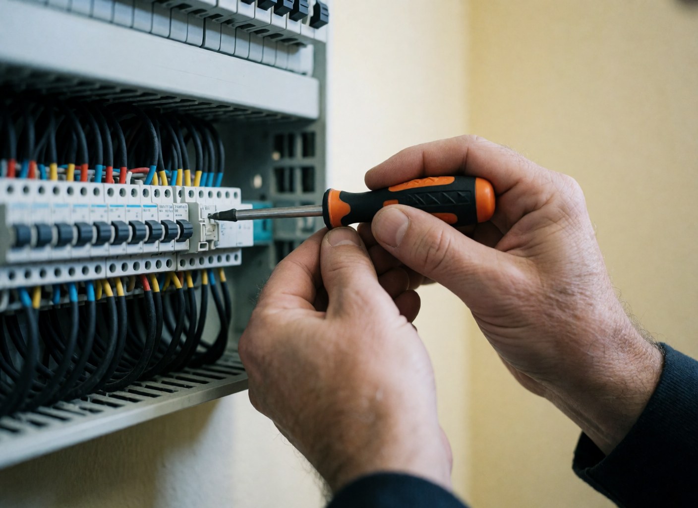 Close-up of a technician's hand using a screwdriver to adjust an electrical terminal on a panel with organized cables in a black conduit against a beige wall.