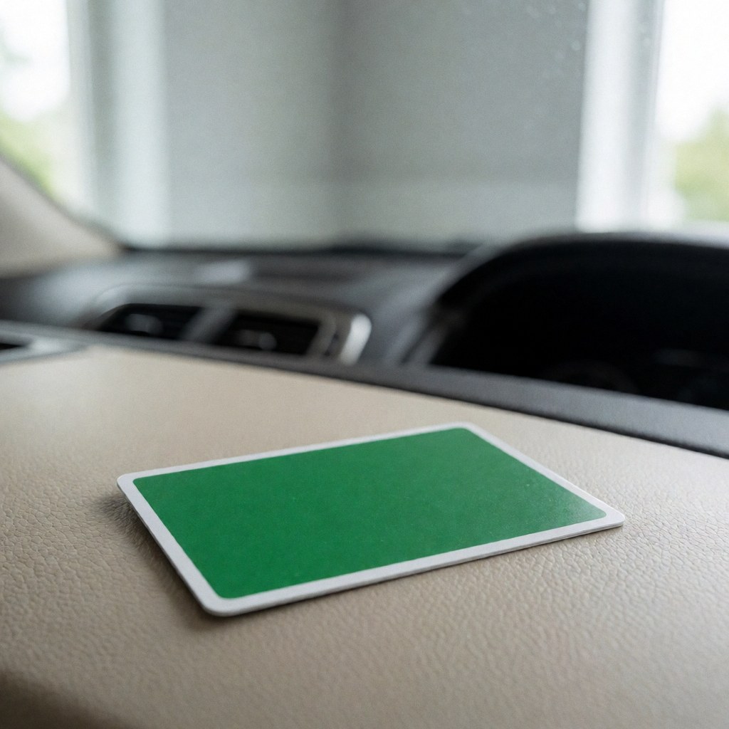 Green car registration card resting on a vehicle dashboard with natural lighting and a blurred background, suitable for driving schools and auto services.