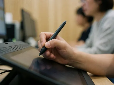 Close-up view of a precise technical setup featuring a digital drawing tablet and stylus, highlighting digital precision for software and startup professionals.