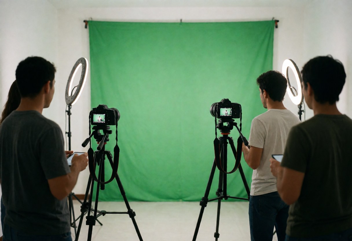 Three people work in a video studio with green screen, tripods, and lights, preparing to record content for online courses.