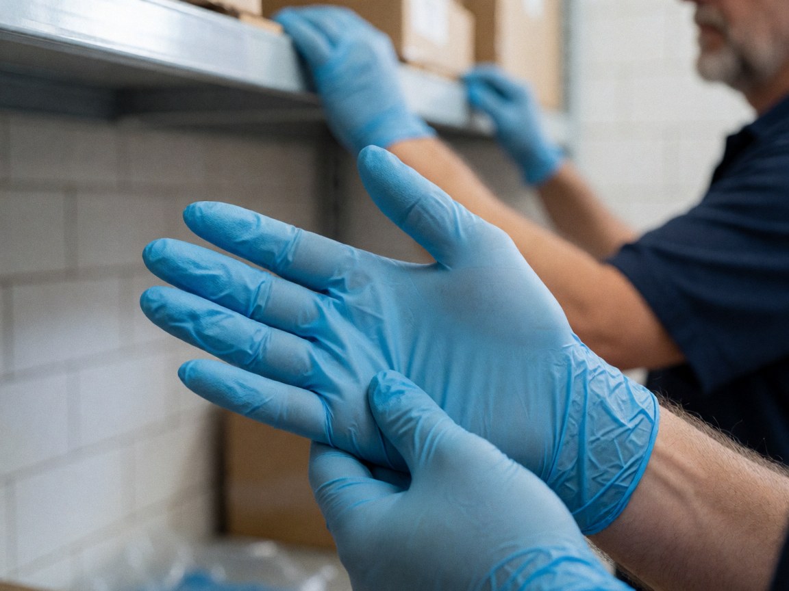 Close-up of a hand wearing a blue nitrile glove in a warehouse with blurred shelves and white tiled walls, highlighting agricultural product handling.