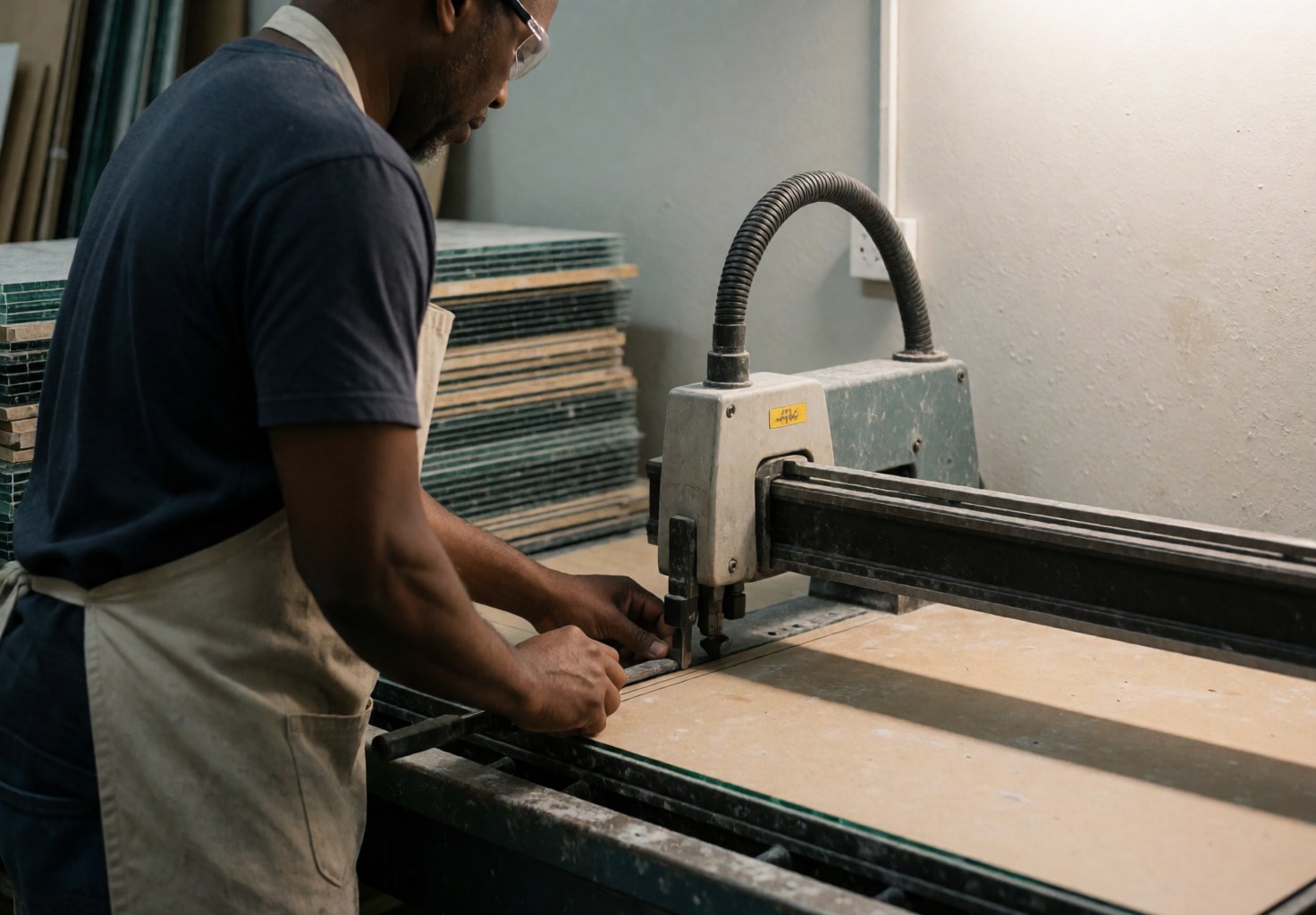 Worker wearing safety glasses and apron operating a glass cutting machine with stacked materials in the background