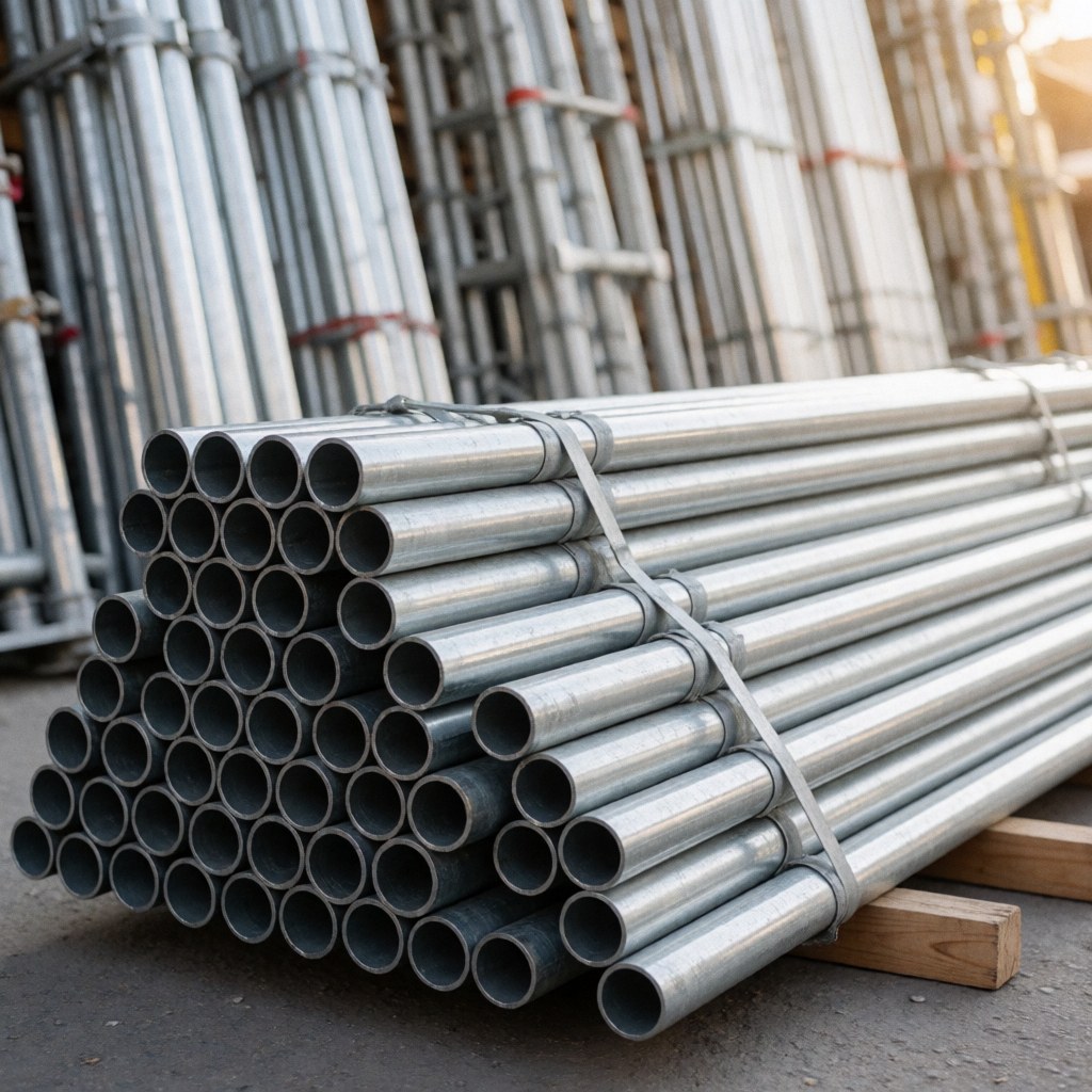 A large stack of metal scaffolding pipes and wooden planks stored in an organized industrial warehouse setting with a blurred background